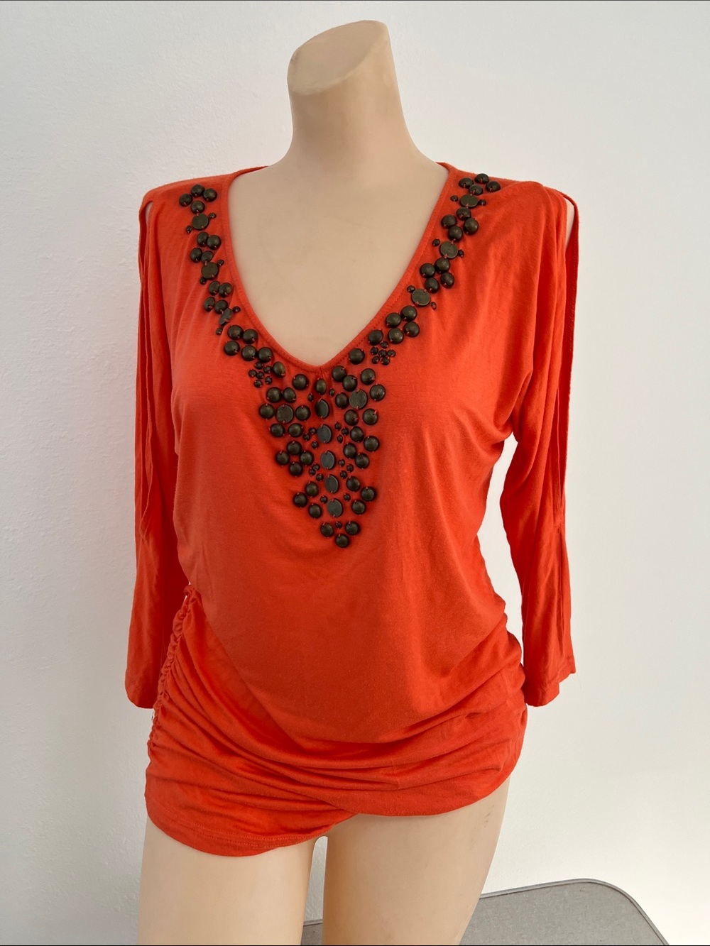 Christina Orange V-Neck Long Sleeve Top with Bead Embellishment